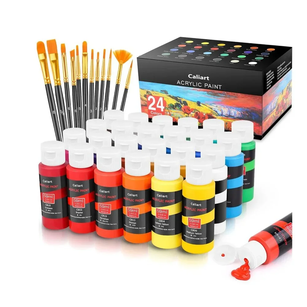 NEW 24 Colors Caliart Acrylic Paint Set Paints with 12 Brushes Art Craft Supply